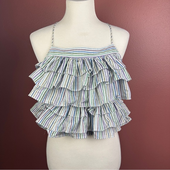 Magali Pascal Anthropologie US 12 or XL ruffle tiered halter top blue stripe - Picture 2 of 8